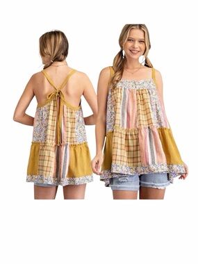 Easel Multi-Color Patchwork Tiered Tank - Mustard, Pink & Plaid, Large